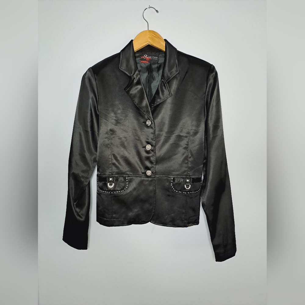 Jacket, black, rhinestones, jewel buttons, three buttons, shiny fabric